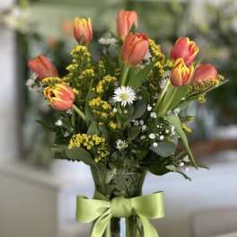 Bouquet of coral tulips and small white daisies in a glass vase with a green ribbon