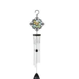 Hanging wind chime with a butterfly stained-glass panel
