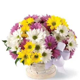 Basket of white, yellow, and purple daisies with a lavender ribbon