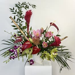 Tropical floral arrangement in a white vase with red, pink, and green blooms