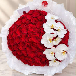 Round bouquet of red roses with white orchids and white wrapping