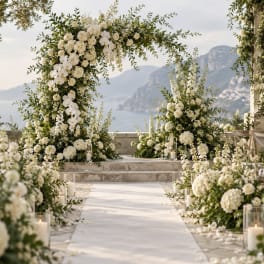 White floral wedding arch and aisle arrangements overlooking the sea