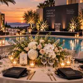 Large white and blush floral centerpiece on a formal event table by a pool at sunset.