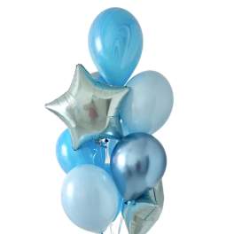 Cluster of blue and silver balloons with a star-shaped balloon