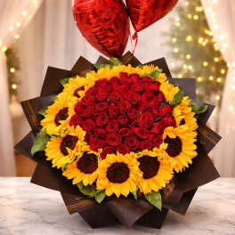 Bouquet of red roses and yellow sunflowers with red heart balloons