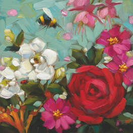 Colorful floral painting with red rose, pink and white blossoms, and a bee against a soft blue background