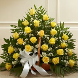 Basket arrangement of yellow roses with small white filler flowers and a white ribbon