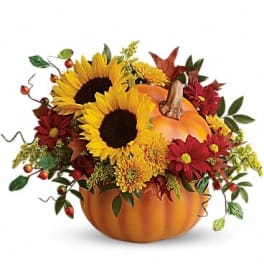 Pumpkin-shaped floral arrangement with sunflowers and red mums