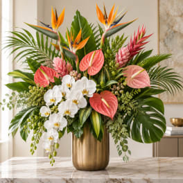 Tropical arrangement with white orchids, bird of paradise, and pink anthuriums in a gold vase