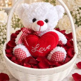 White teddy bear holding a red heart in a basket of rose petals