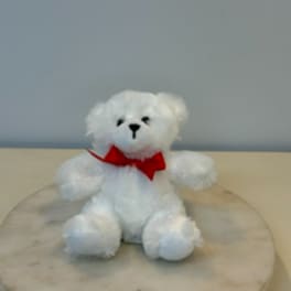 White teddy bear with a red bow sitting on a round tray
