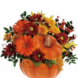 Pumpkin-shaped arrangement with orange and red daisies