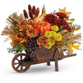 Fall floral arrangement in a wooden wheelbarrow with pumpkins and mums