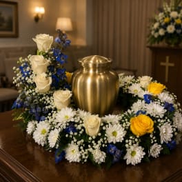 Navy, white and yellow urn wreath