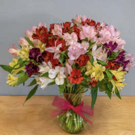 Mixed bouquet of colorful alstroemeria in a glass vase with a pink ribbon