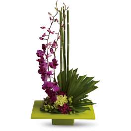 Tall floral arrangement with purple orchids and green tropical leaves in a square container
