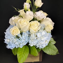 White roses and pale blue hydrangeas in a square box