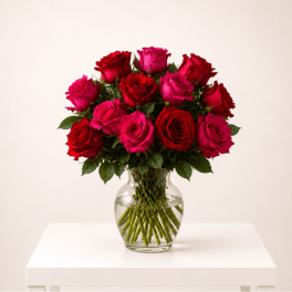 Fuchsia & Red Rose Garden in Clear Vase