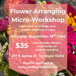 Event flyer for a flower arranging micro-workshop with colorful blooms