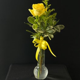 Yellow rose in a clear glass vase with a yellow ribbon