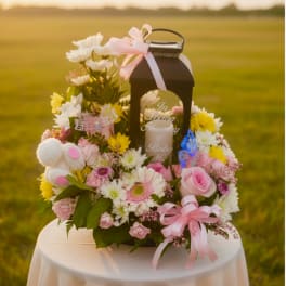 Floral arrangement around a black lantern with pink ribbons and a teddy bear