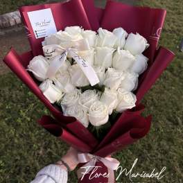 24 white roses with red wrap