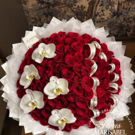 Large bouquet of red roses with white orchids and white wrapping