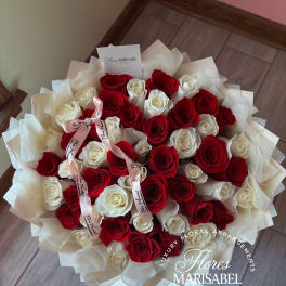 50 red and white roses with layered wrap