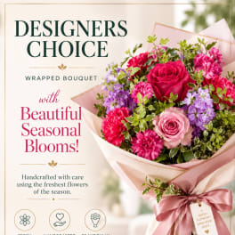 Wrapped bouquet of pink and purple flowers with roses and carnations