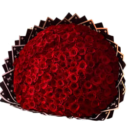 Large bouquet of red roses wrapped in black patterned paper