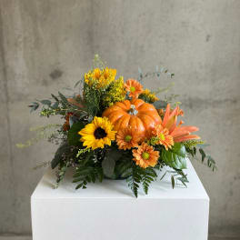 Autumn floral arrangement with a pumpkin and orange-yellow flowers