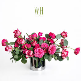 Pink roses and ranunculus in a silver vase