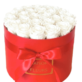 White roses arranged in a red round box with a ribbon bow
