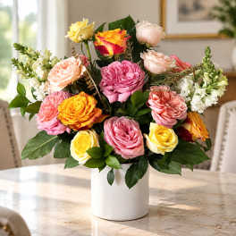 Mixed roses in a white vase on a table