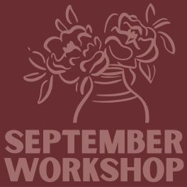 Maroon workshop graphic with a line drawing of flowers in a vase and large text
