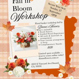 Fall floral workshop flyer with orange and cream flowers and a basket arrangement