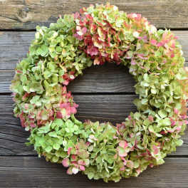 Hydrangea wreath with green and pink blooms on a rustic wood background