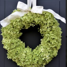 Green hydrangea wreath with a white ribbon bow