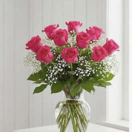 12 Hot pink Roses
