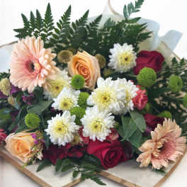 Bouquet of roses, gerbera daisies, and white chrysanthemums