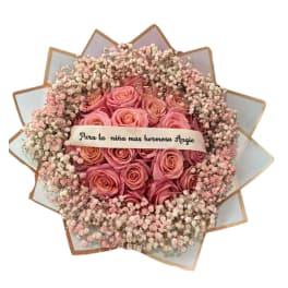 Pink rose bouquet with baby's breath and a name ribbon