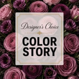 Purple and pink roses with a centered "Designer’s Choice Color Story" card
