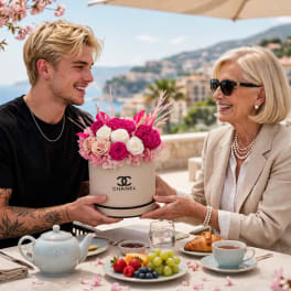 Two people hold a pink and white rose arrangement in a Chanel box