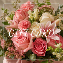 Pink and white flower bouquet with a gift card overlay
