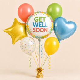 Colorful get well soon balloon bouquet with star, heart, and round balloons