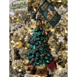 Decorative Christmas tree ornament with a gift and teddy bear at the base