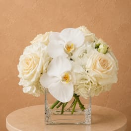 White roses and orchids arranged in a clear square vase
