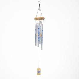 Hanging metal wind chime with wooden accents and a paw print pendant