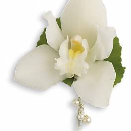 White orchid boutonniere with pearl accents