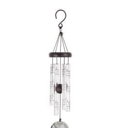 Hanging metal wind chime with clear tubes and a round angel medallion